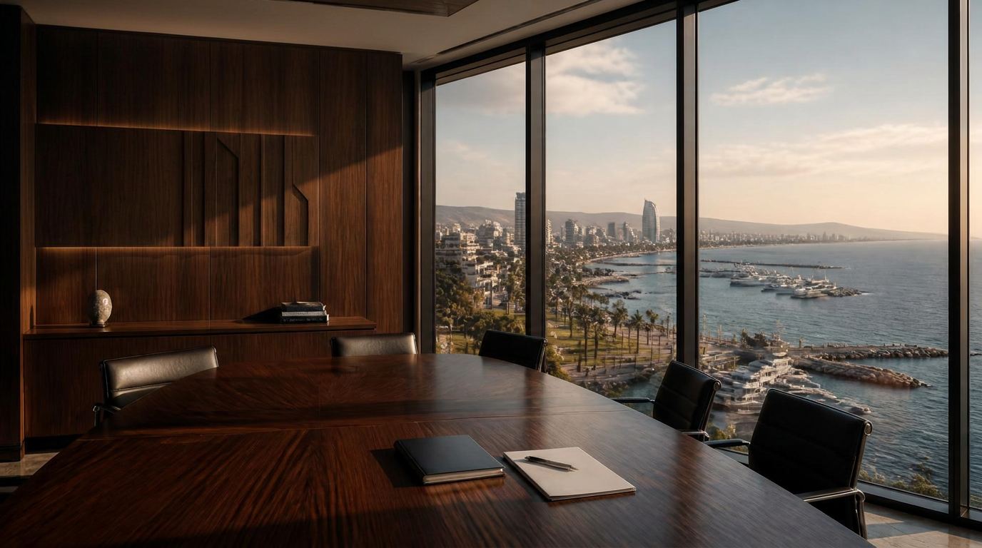 Walnut boardroom overlooking the Limassol coastline and Mediterranean Sea
