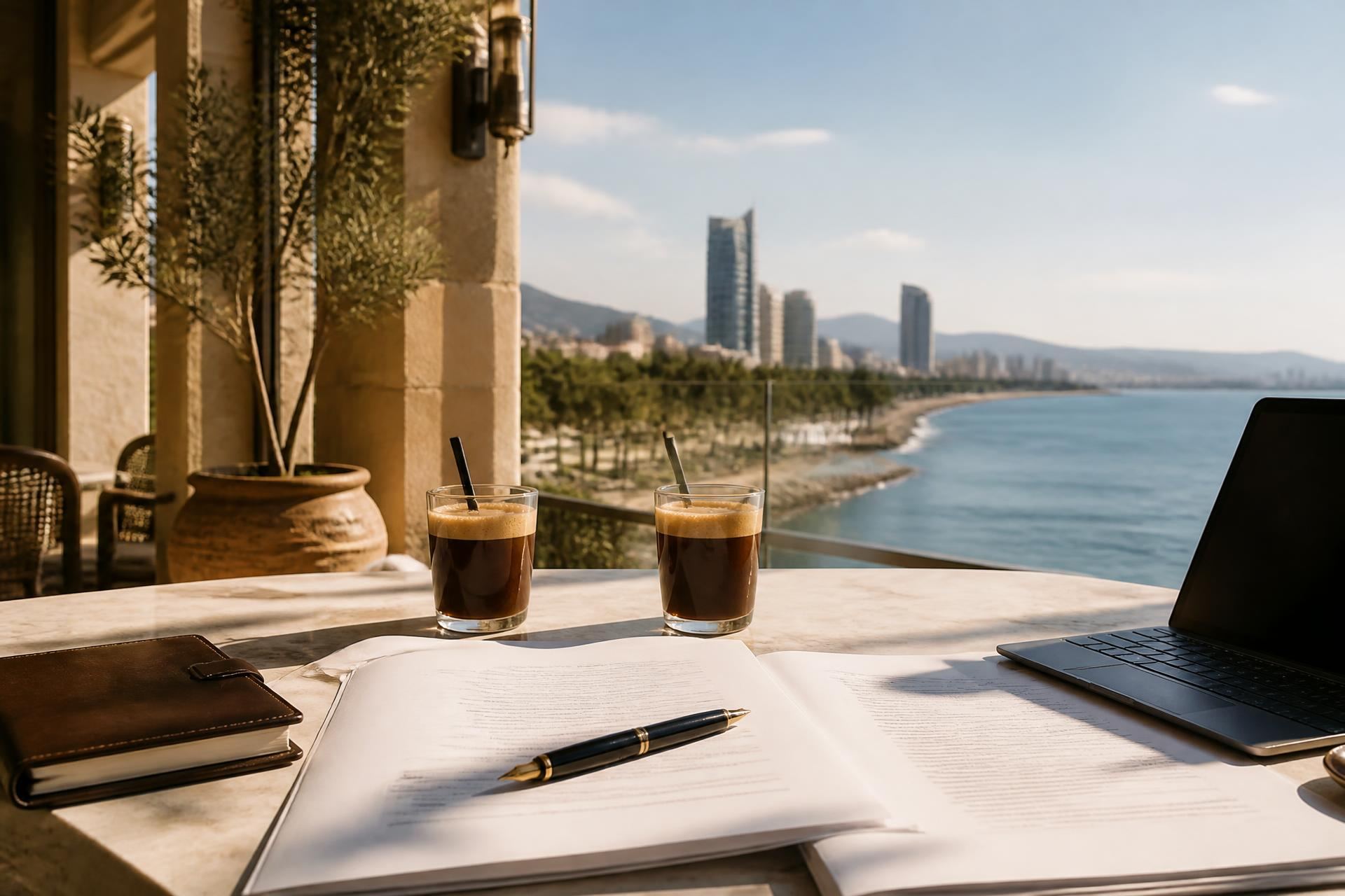 Business over coffee overlooking the Limassol coastline